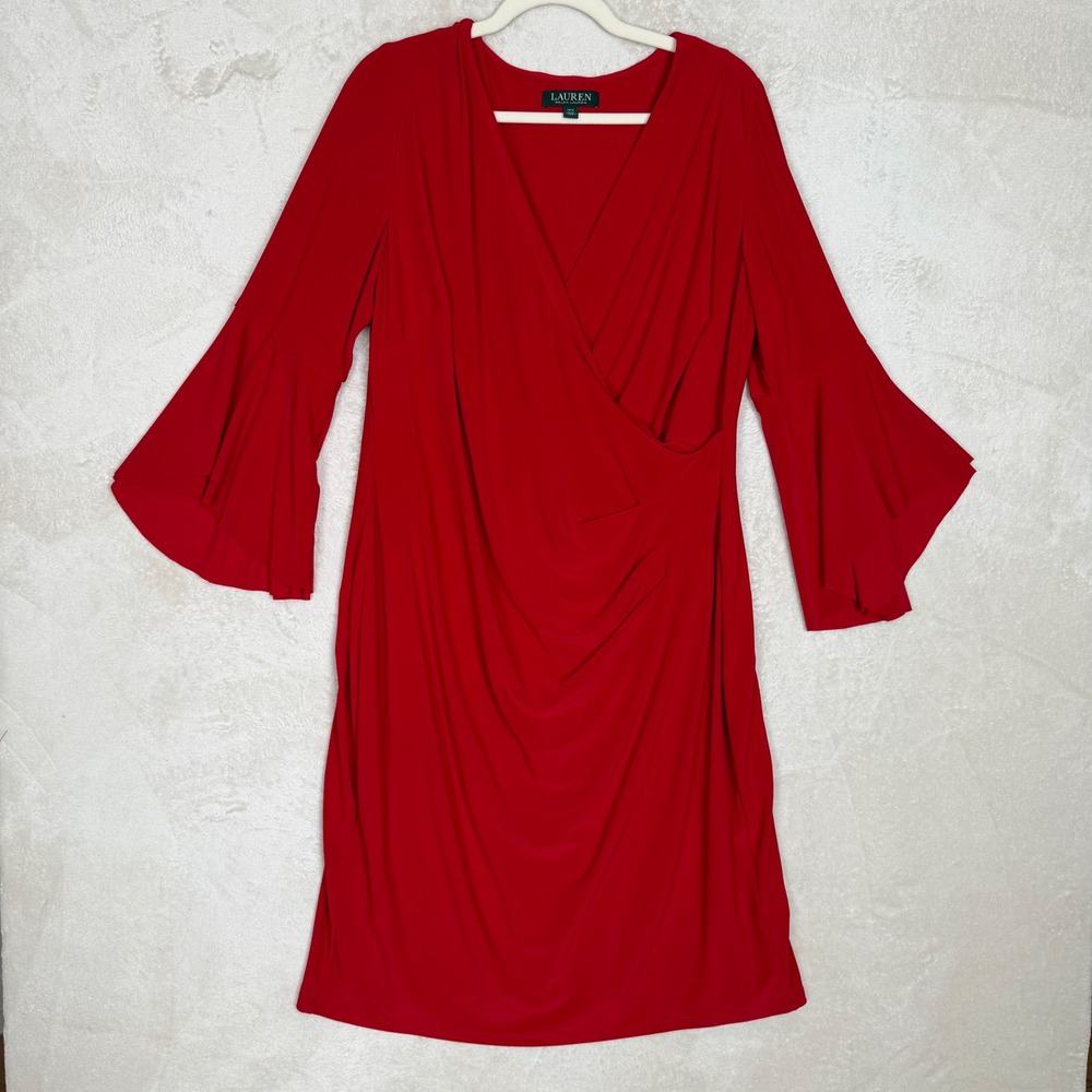 Lauren Ralph Lauren Womens Red Faux Wrap Bell Sleeve Ruched Sheath Dress 14W